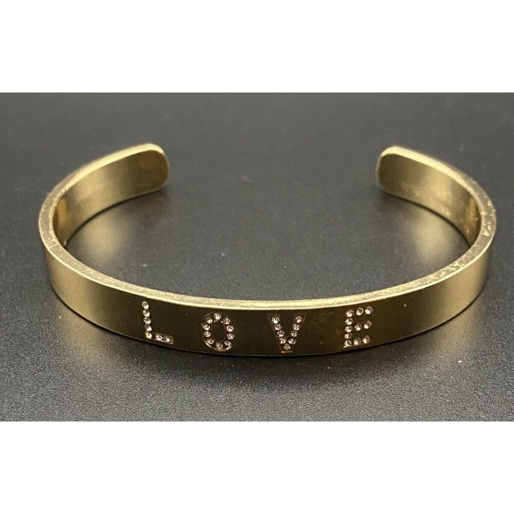 Set 2 Cuff Bracelets Polished Gold Tone Sparkle Rhinestone Love 5.5 & 8 mm 7.5" - Picture 4 of 10